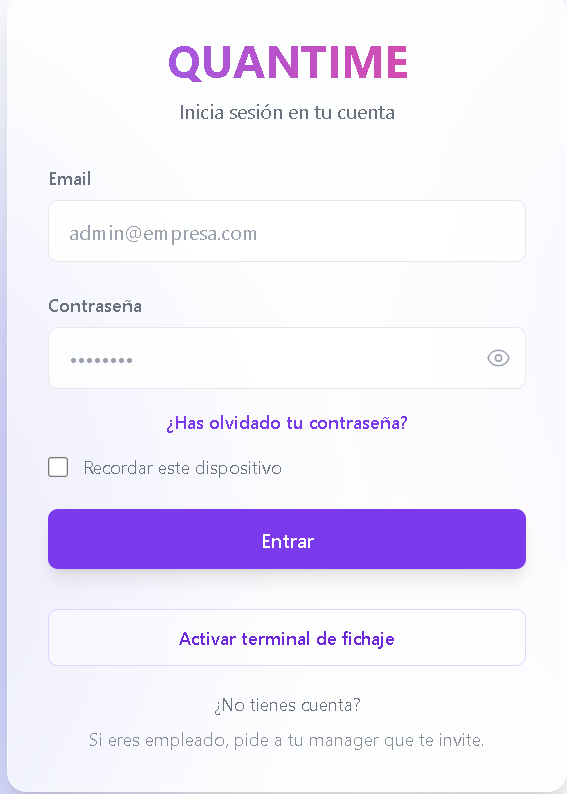 Pantalla de login de Quantime, aplicación de control horario